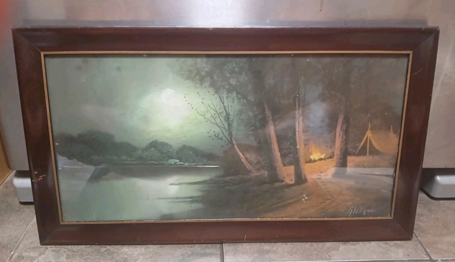 Antique A.H. Glatthaar (1879-1950) Pastel Nocturnal Landscape With A Campfire