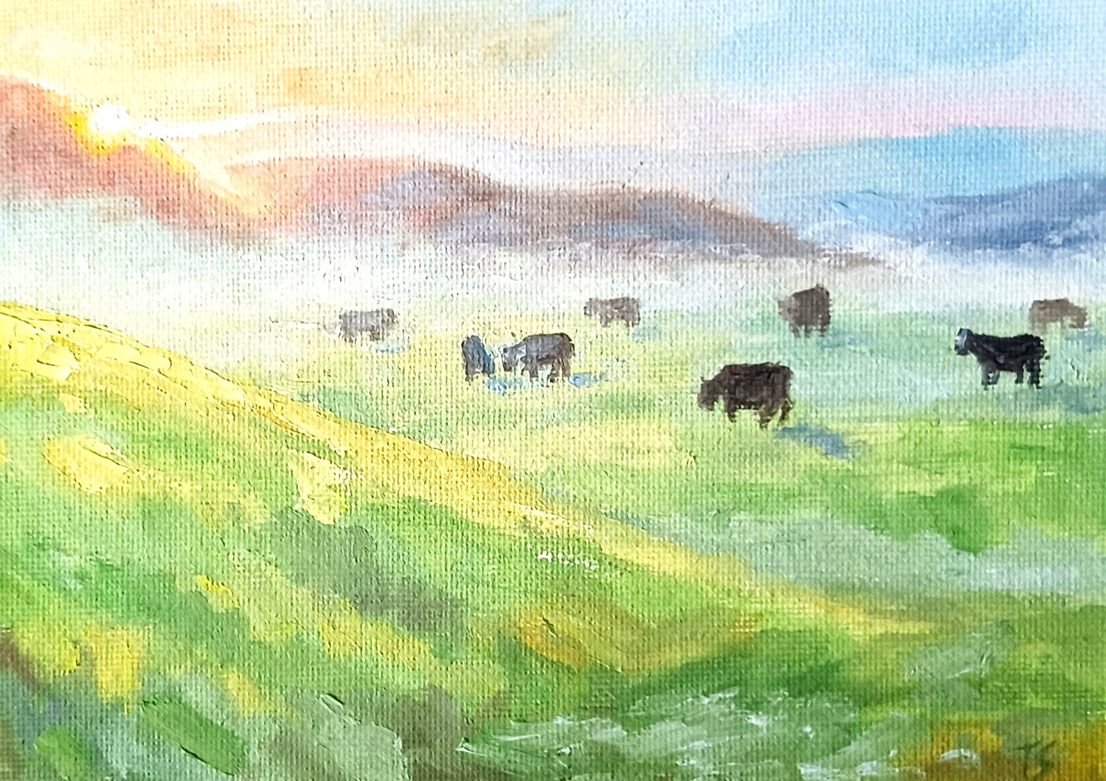 ORIGINAL Oil Painting Modern Impressionism Landscape Morning Field Cows 5″x7″