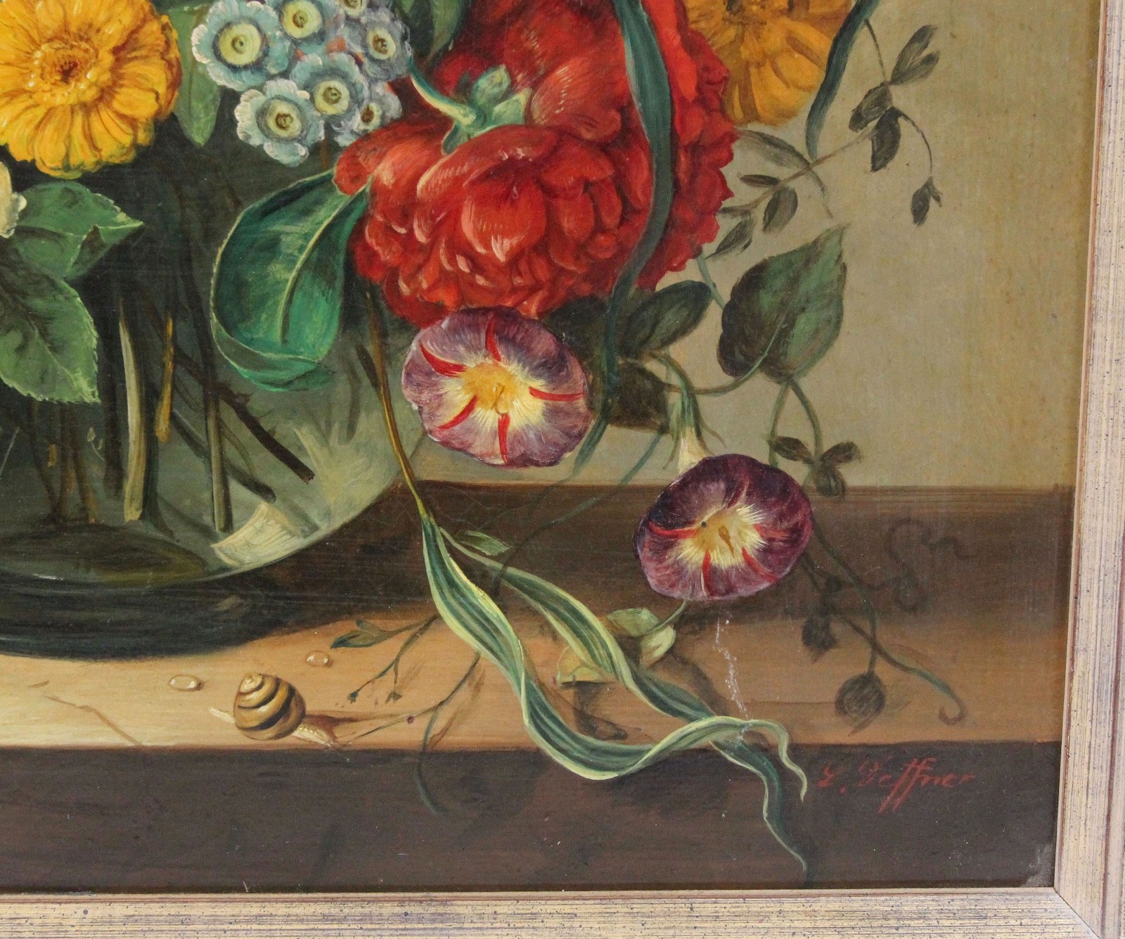Ludwig Deffner 15×19 Antique Oil Painting Still Life Flowers in Vase with Snail