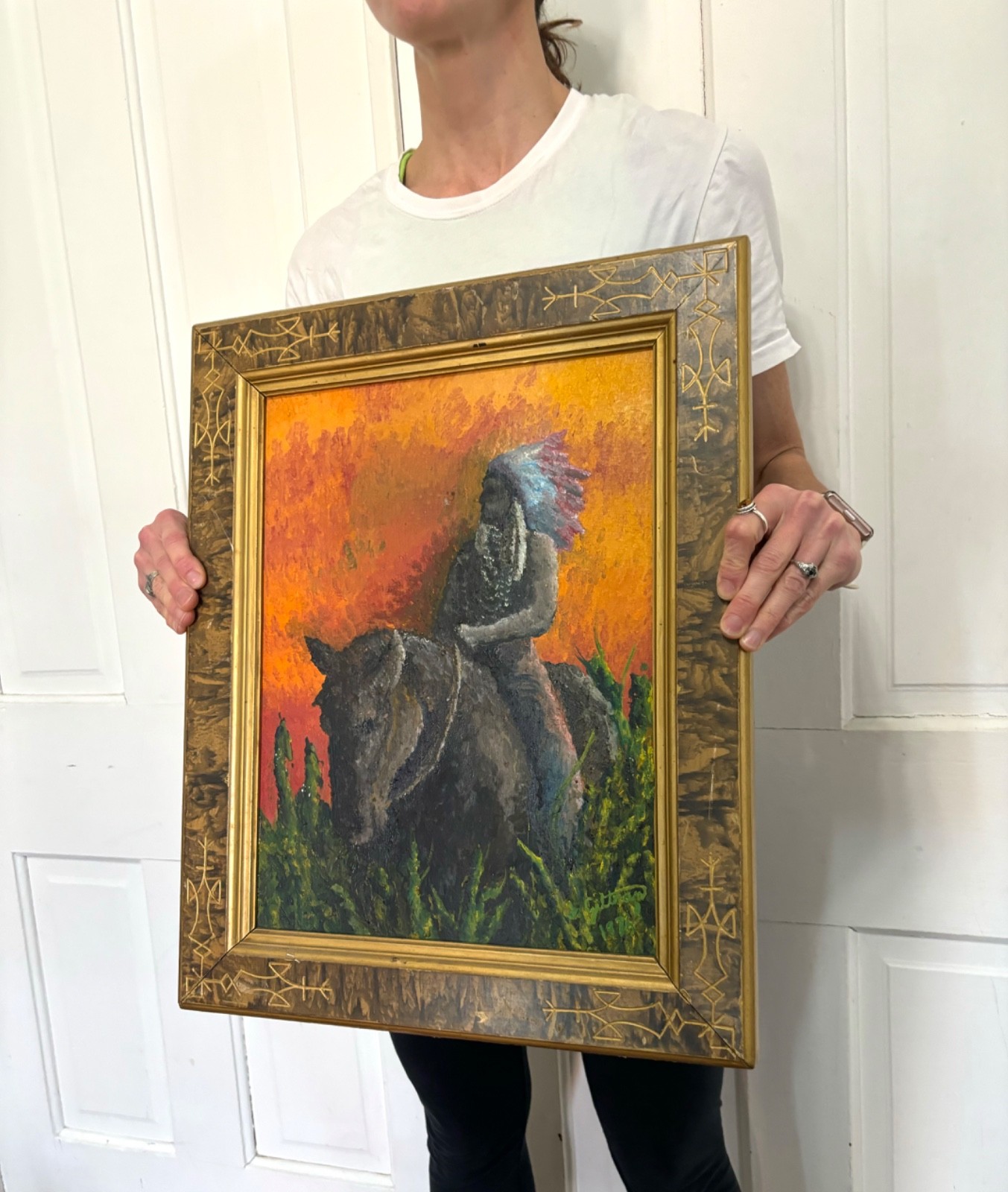 Vtg 1970s Modern Southwest American Indian Chief on Horse Oil Painting Signed