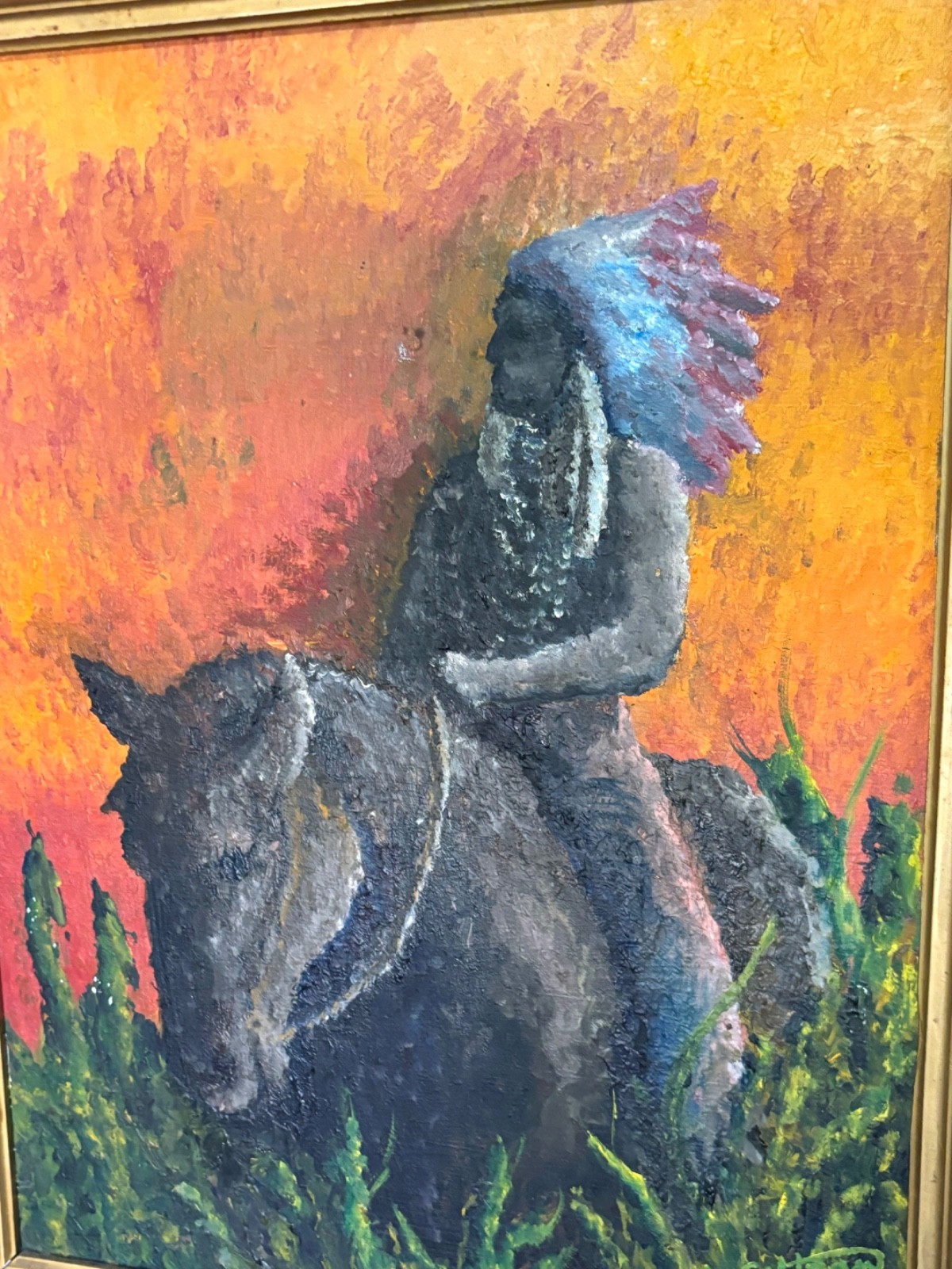 Vtg 1970s Modern Southwest American Indian Chief on Horse Oil Painting Signed