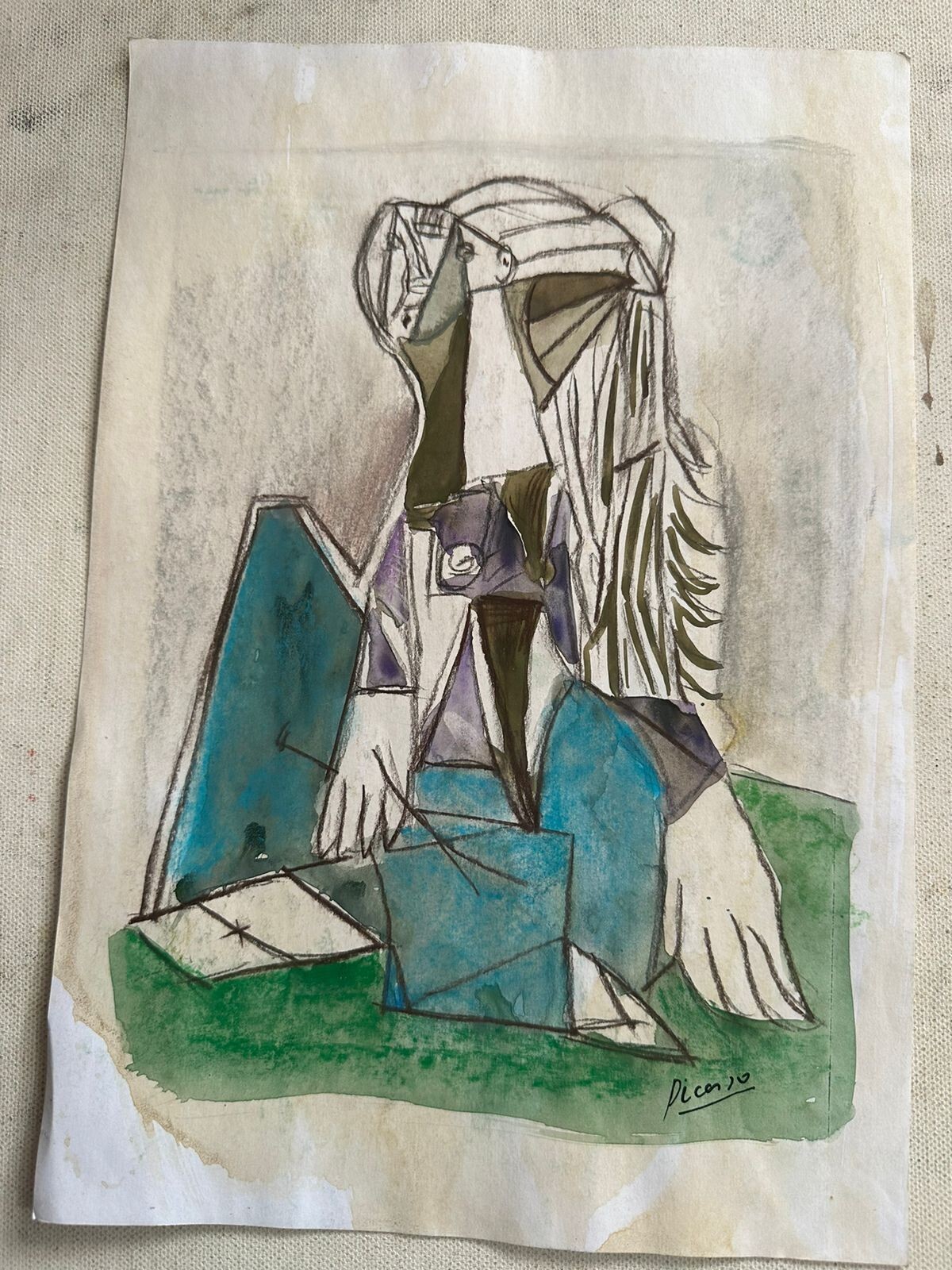 PICASSO drawing on old paper signed stamped vintage
