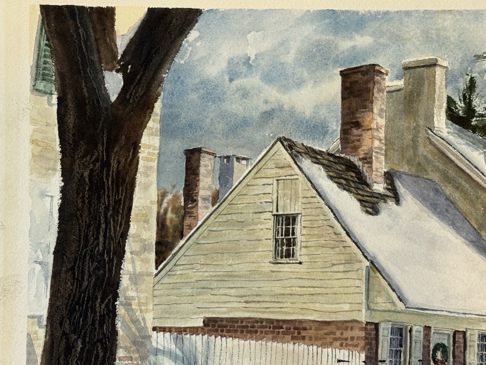 Original Vintage Signed “Alexander” Watercolor Painting Winter Colonial House