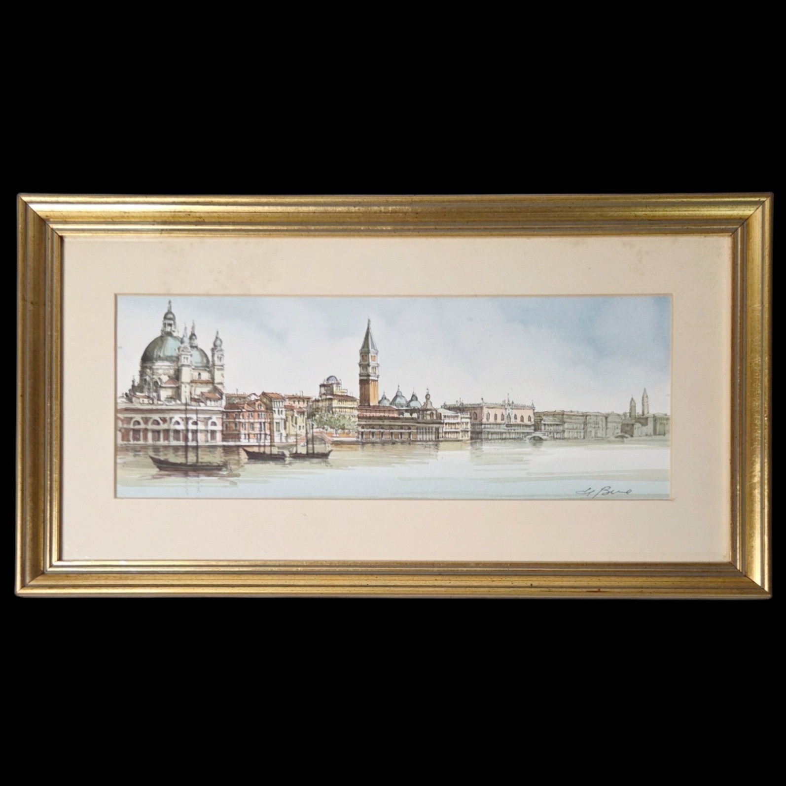 Vtg Original Watercolor Venice Panoramic Cityscape Painting Signed Framed Art