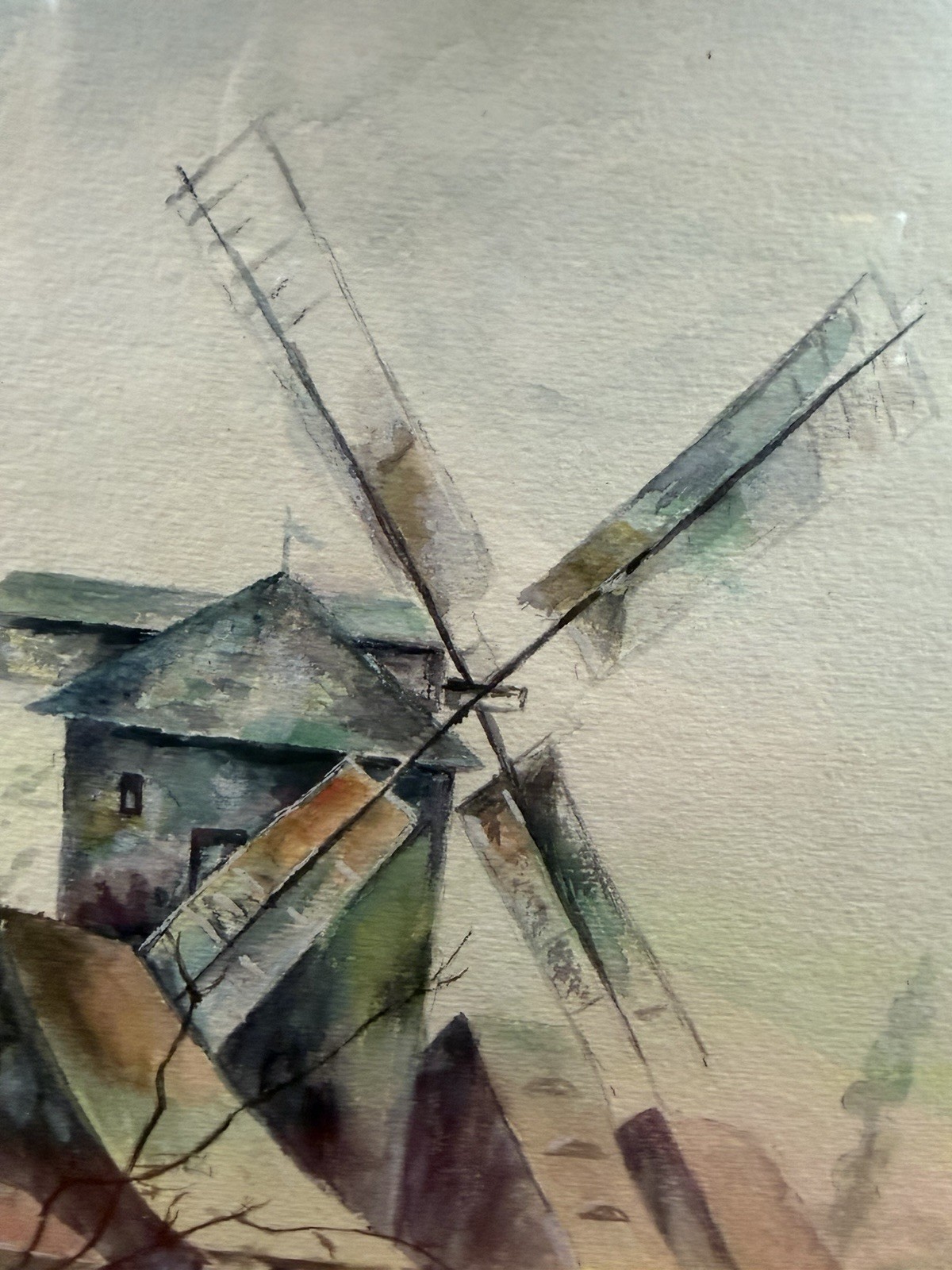 Dutch Windmill Landscape Watercolor Painting Original Collectible Wall Art
