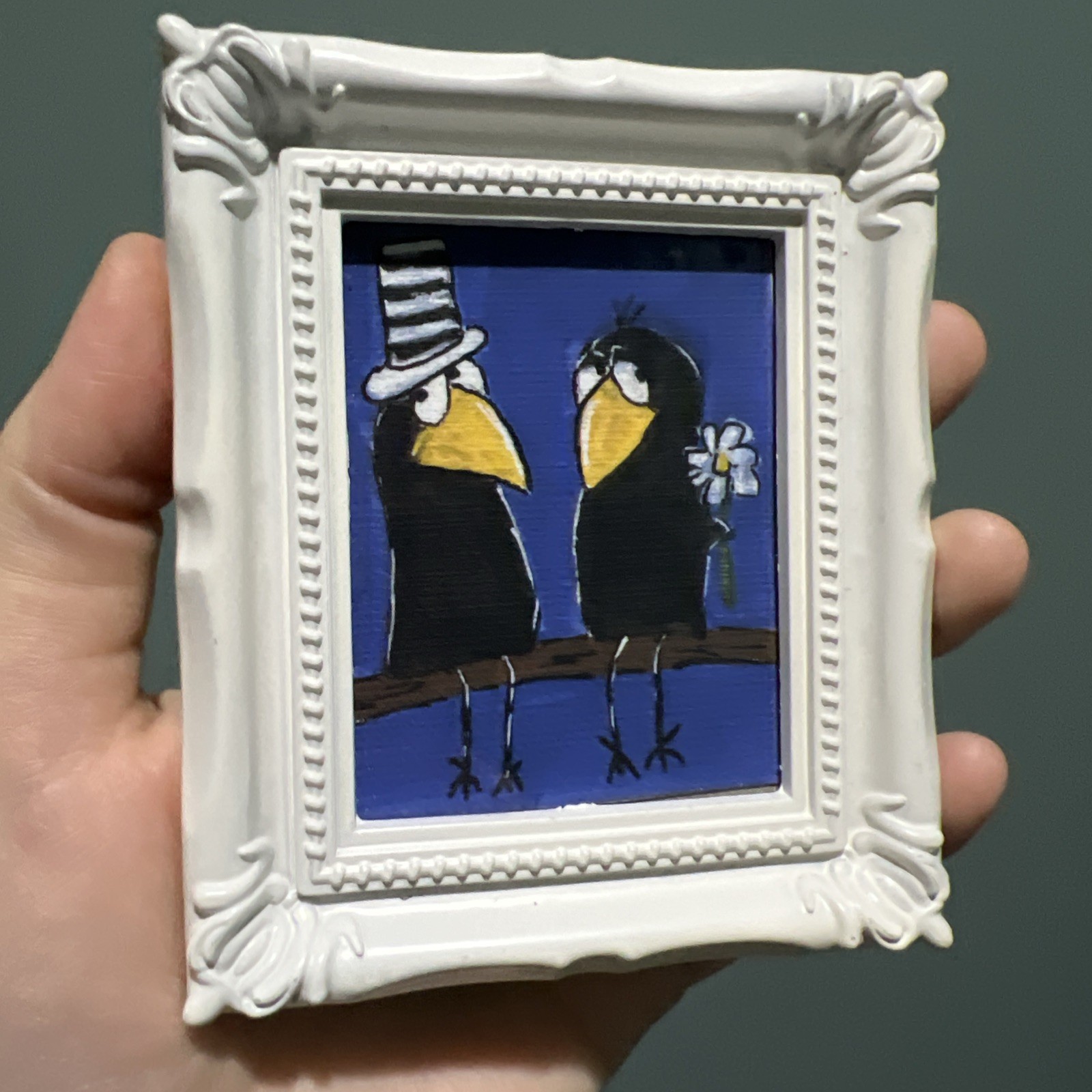 Print Of My Art Crow Raven Love funny,cute,miniature Painting,small, framed