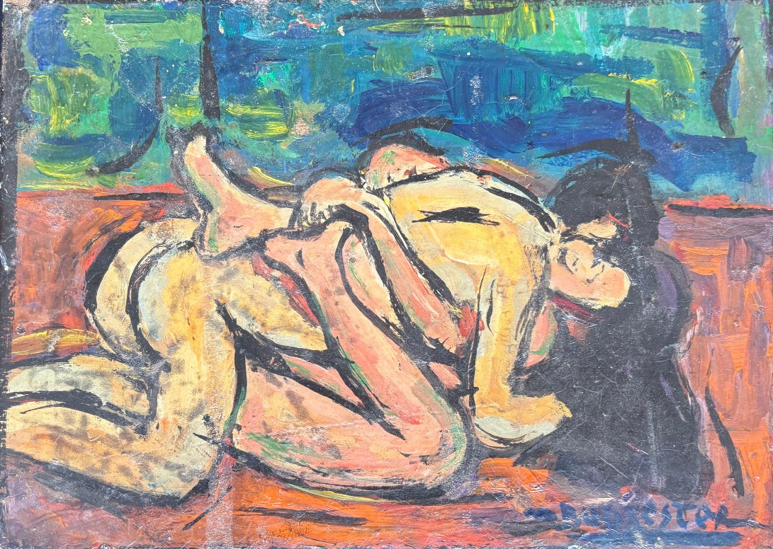 Romantic Sexual Couple 6″ x 8 1/2″ Oil Painting on Wood-1940s-Maxim Bugzester