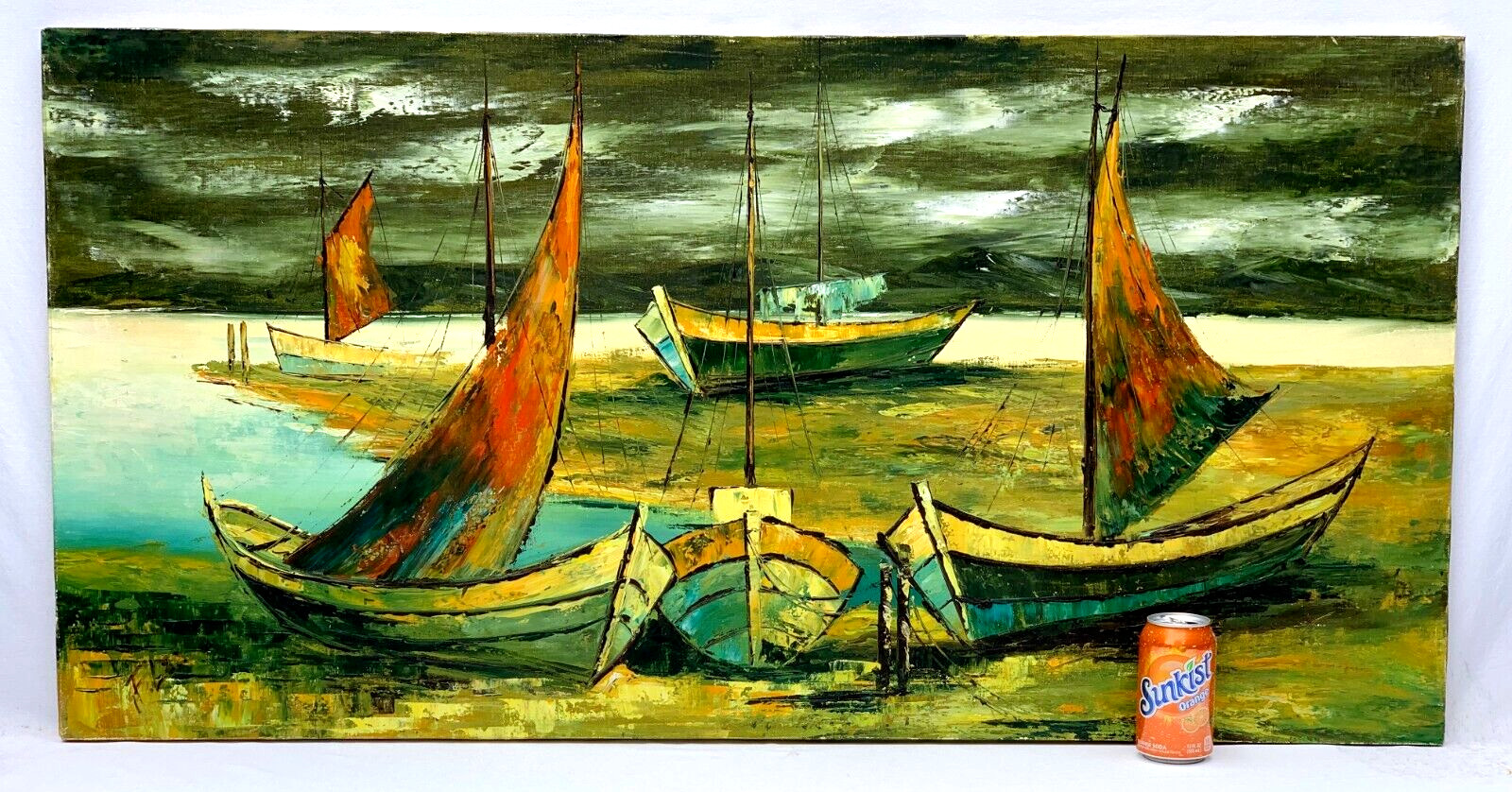 F LEE LARGE SEASCAPE OIL PAINTING SAND DOCKED FISHING BOAT PALETTE KNIFE IMPASTO