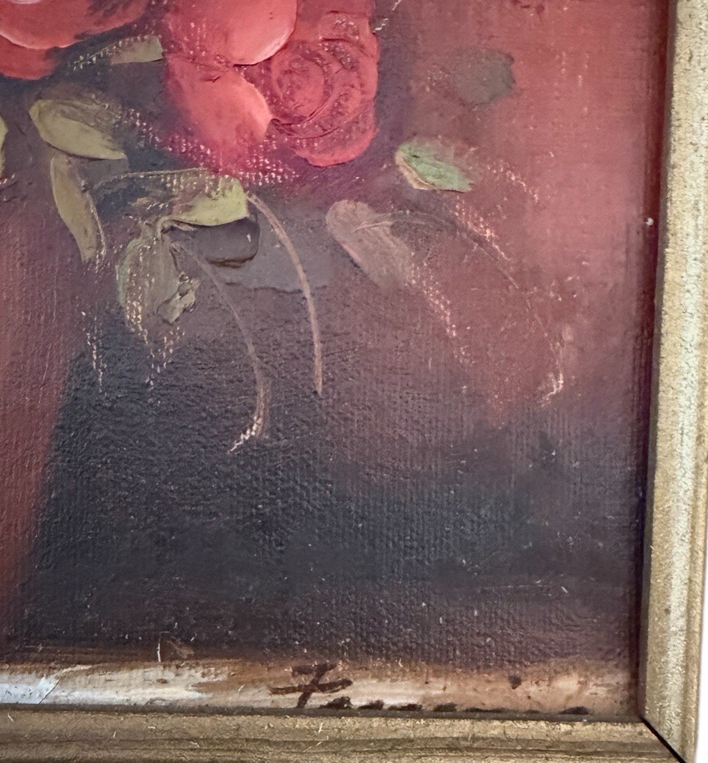 Robert Cox Oil Painting on wood Still life Red Flowers Gold Frame