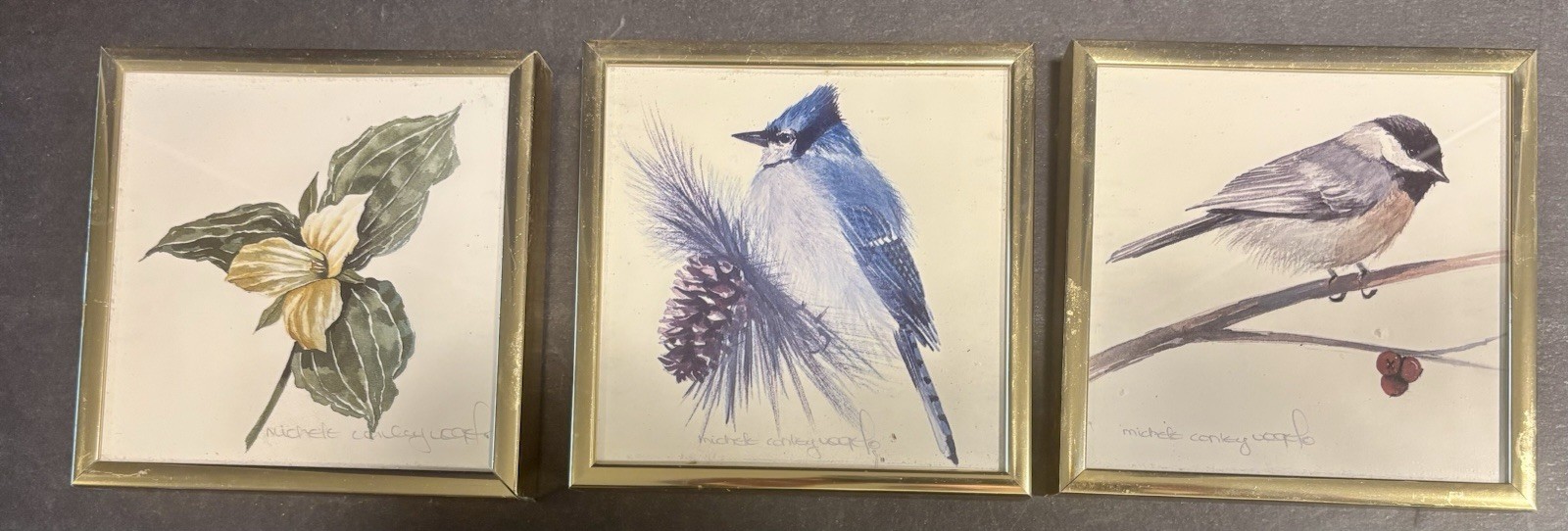 3 Small Bird Framed Paintings Water Color Signed Michele Conley Vogel 4.75”