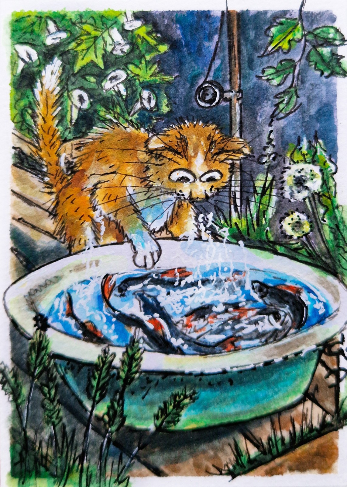 ACEO Cat Painting Fish day Orange kitten fishing Watercolor Original Art card