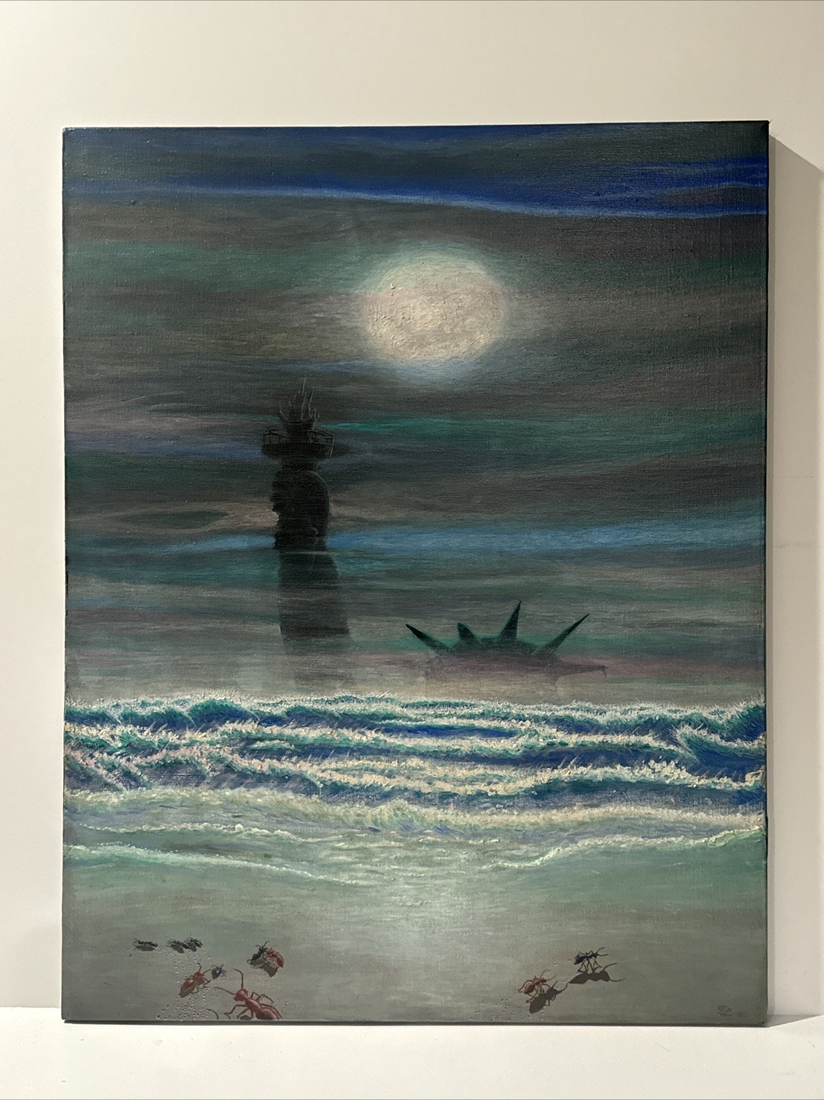 Surrealist Painting Surrealism Beach Statue Of Liberty Ants Modernist Vintage