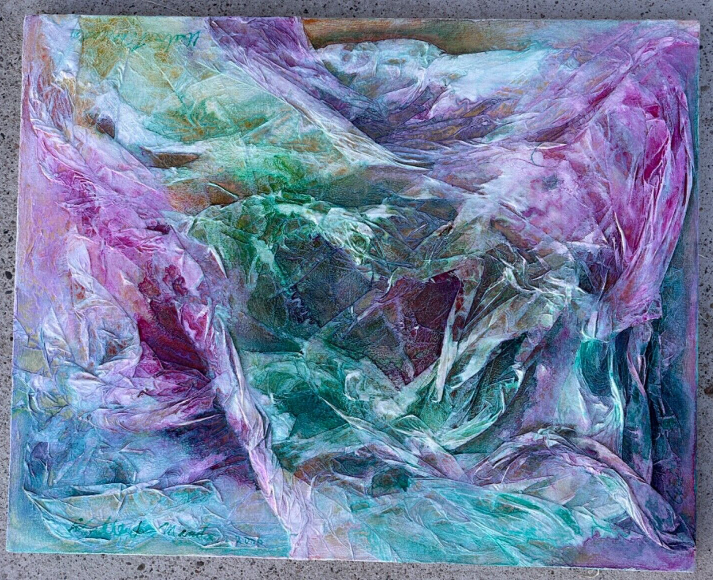 OLDER ABSTRACT OIL PAINTING ON CANVAS BY SANTA FE ARTIST SIGNED 2000 30″ X 24″