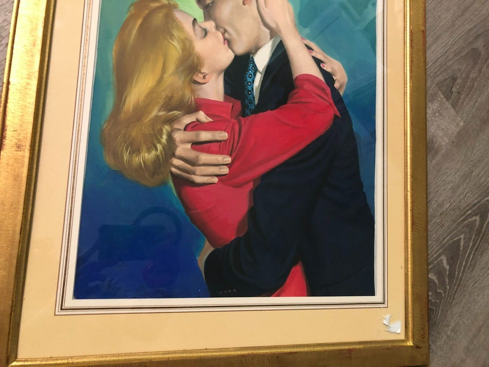Original Large Illustration Art Painting 50s/Early 60s Couple Kissing