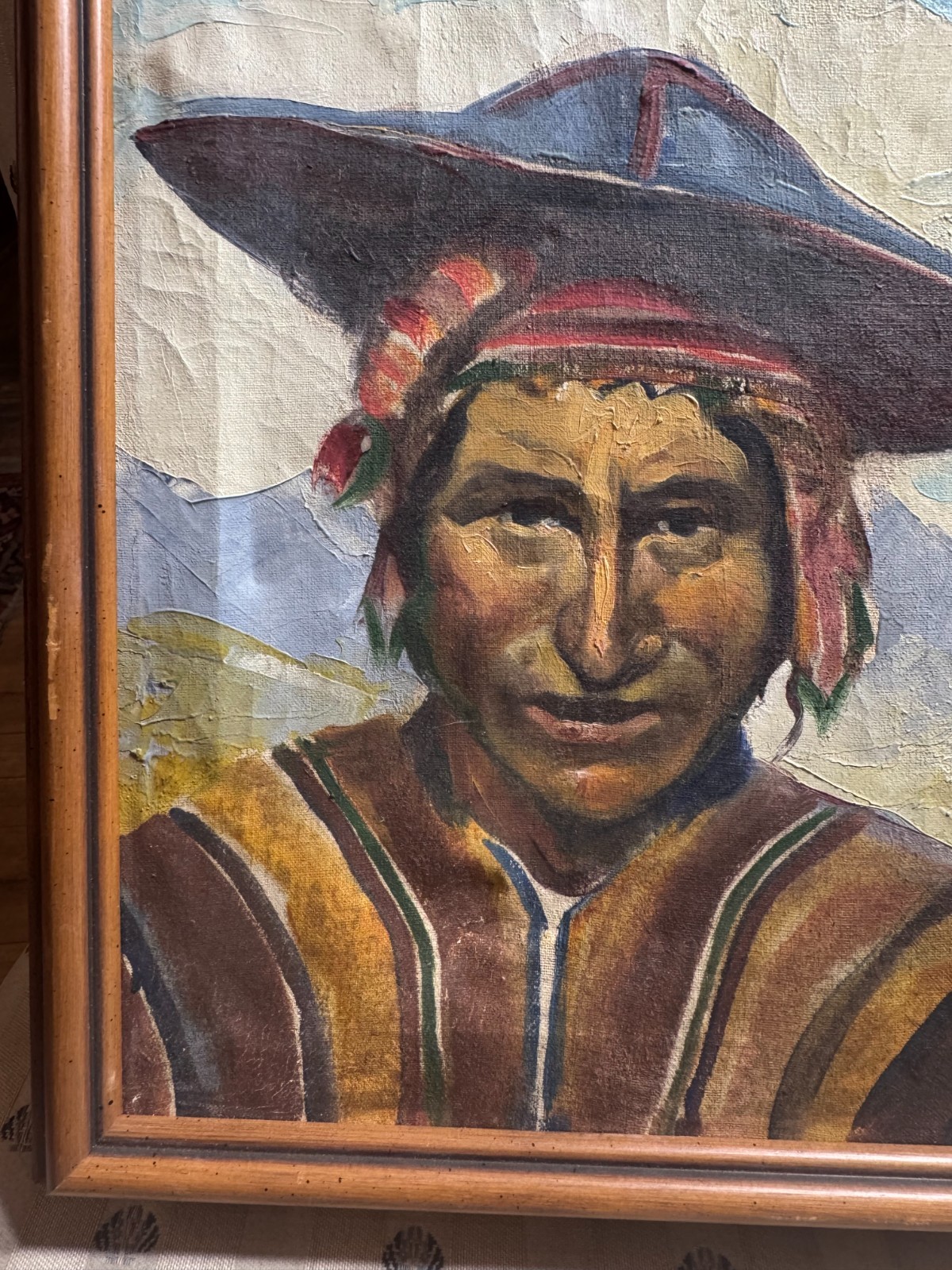 Vintage N A Initialed Andean Man Portrait Oil Painting on Canvas Wood Frame 13.5