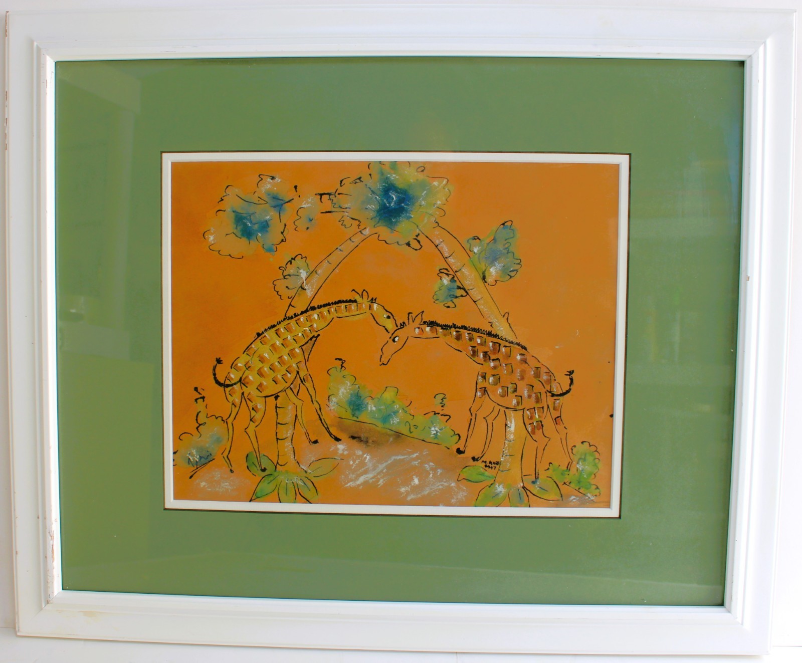 ANTIQUE WATERCOLOR INK ON PAPER DATED 1947 SIGNED M KARR GIRAFFES