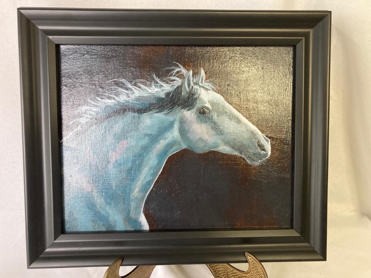 White Horse Head Portrait 13 x11 Framed Acrylic Painting ConniY Purciarele