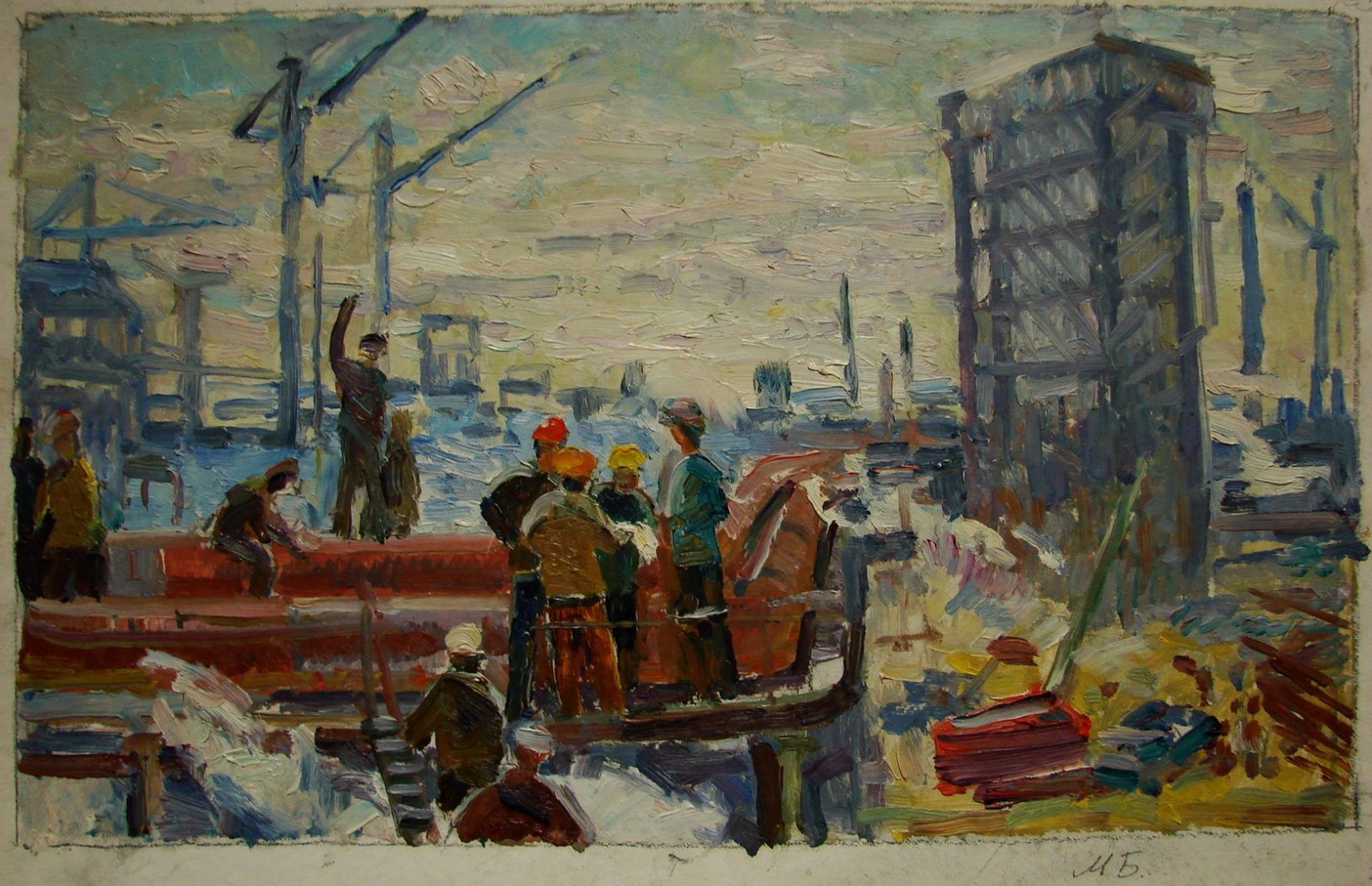 Ukrainian Soviet Oil Painting realism impressionism construction worker