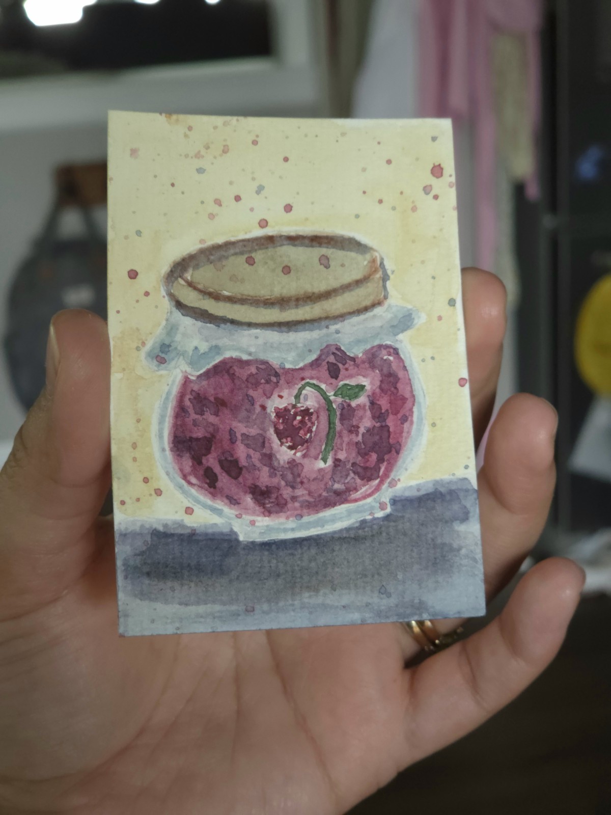 ACEO original Food Art Raspberry Jam Jar Still Life Watercolor 2.5″3.5″ SRA
