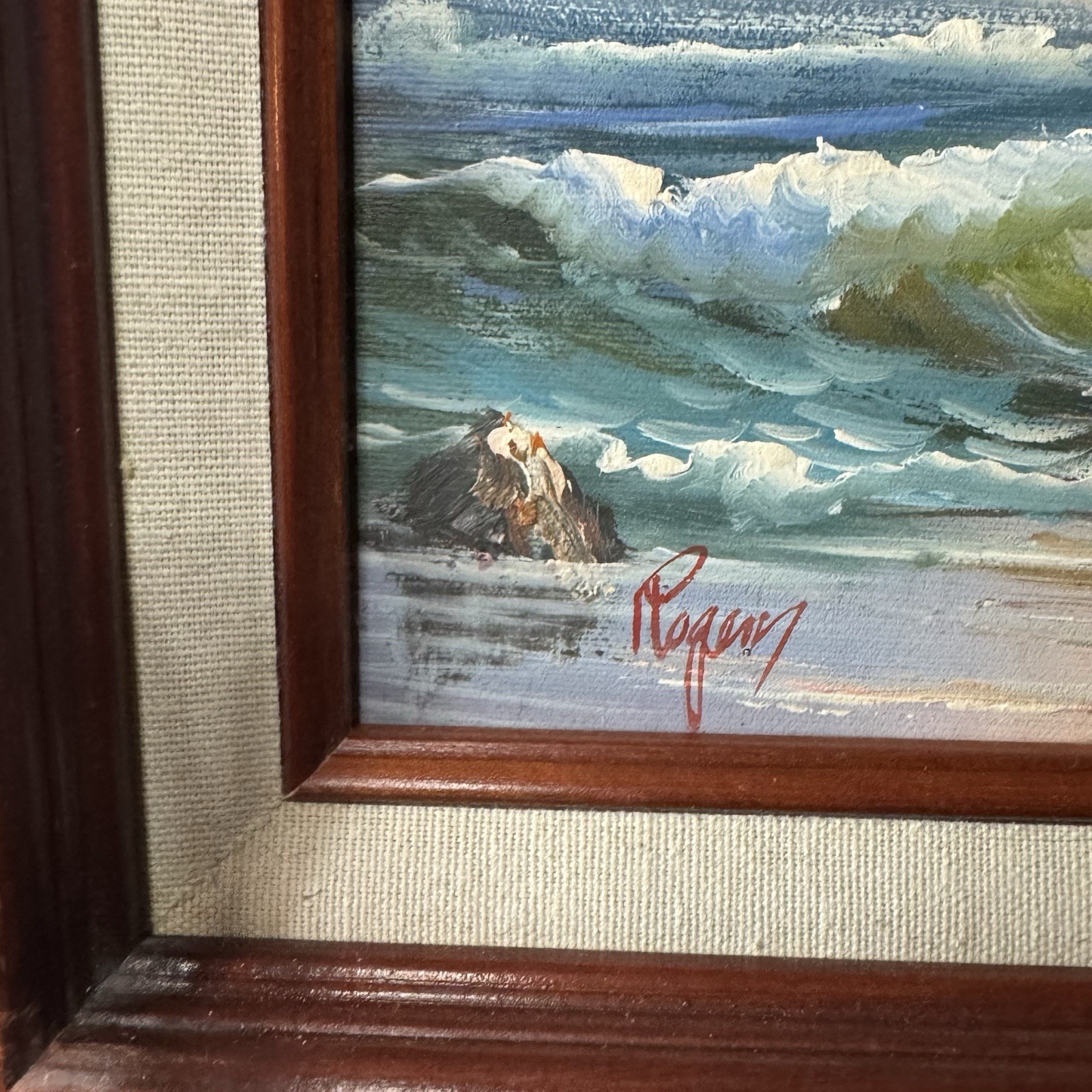 Original Oil Painting Seashore Birds Beach Wood Frame Signed 7.5”x9.5” 12.5”x14”