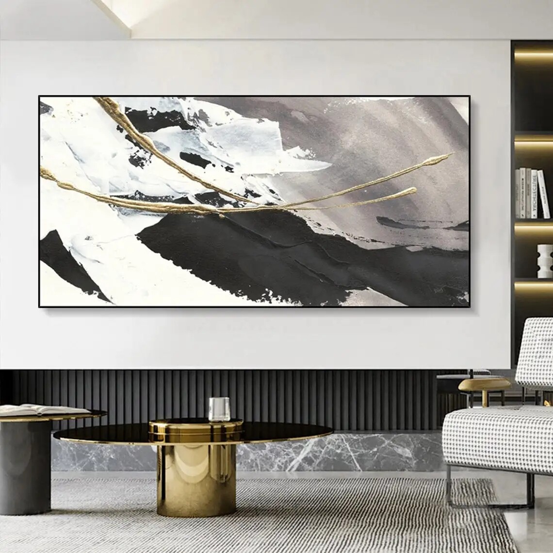 Abstract Oil Painting on Canvas Textured Wall Art Gold Foil Black White Acrylic