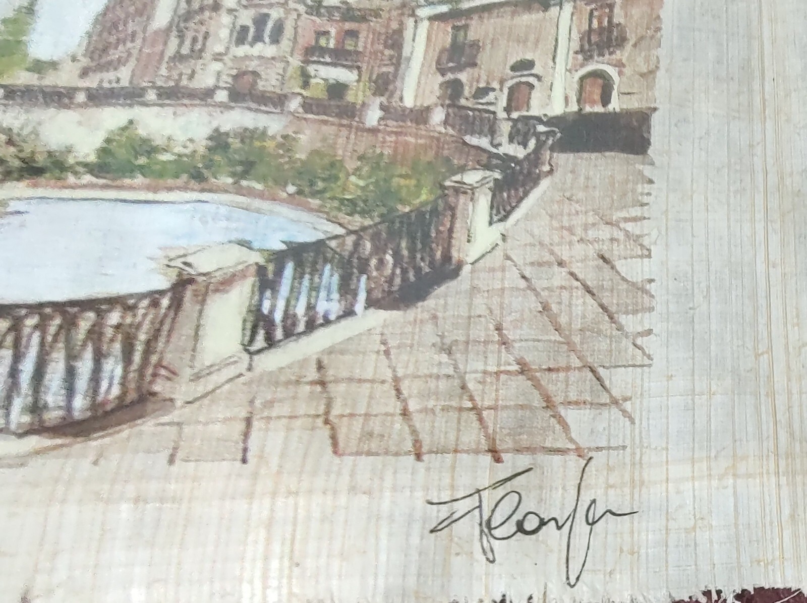 Original Painting Papyrus Italian Piazza Matted and Framed Signed 11.5 x 14 in