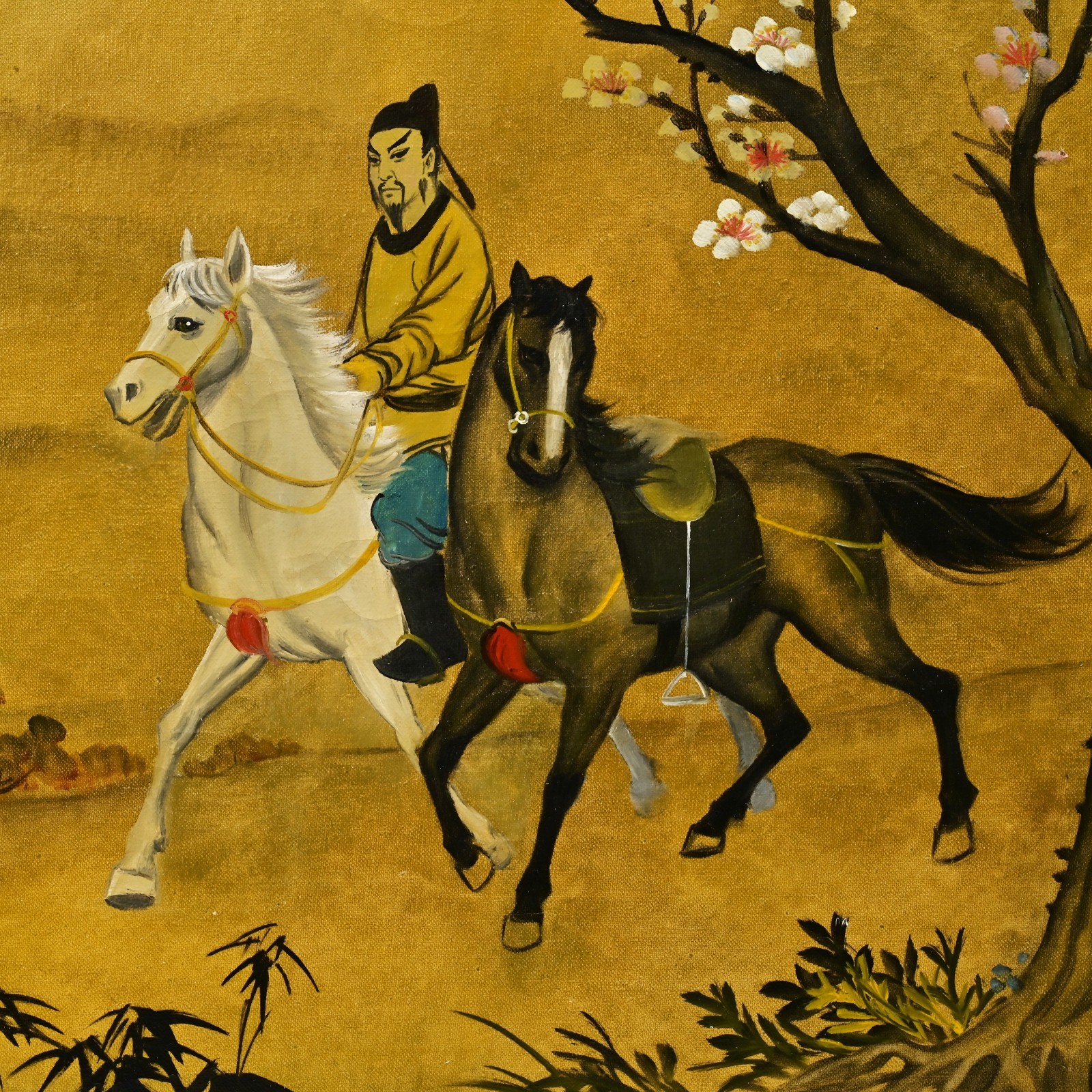 PEARL Original Vintage Signed Chinese Feng Shui Figure Horse Landscape Painting