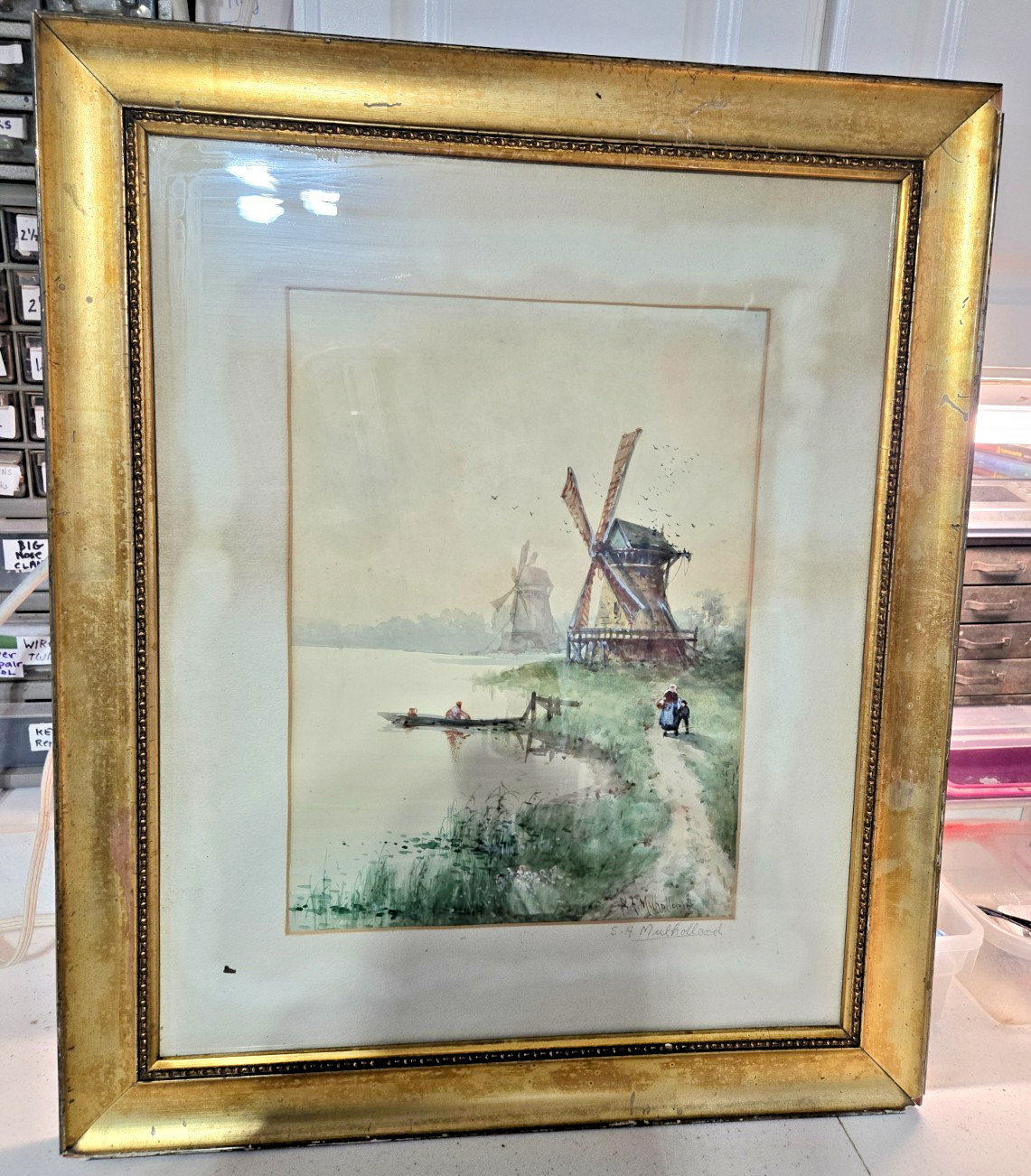 Fine Vintage Dutch -Landscape, with Windmill, Signed-Watercolor-S.A.Mulholland