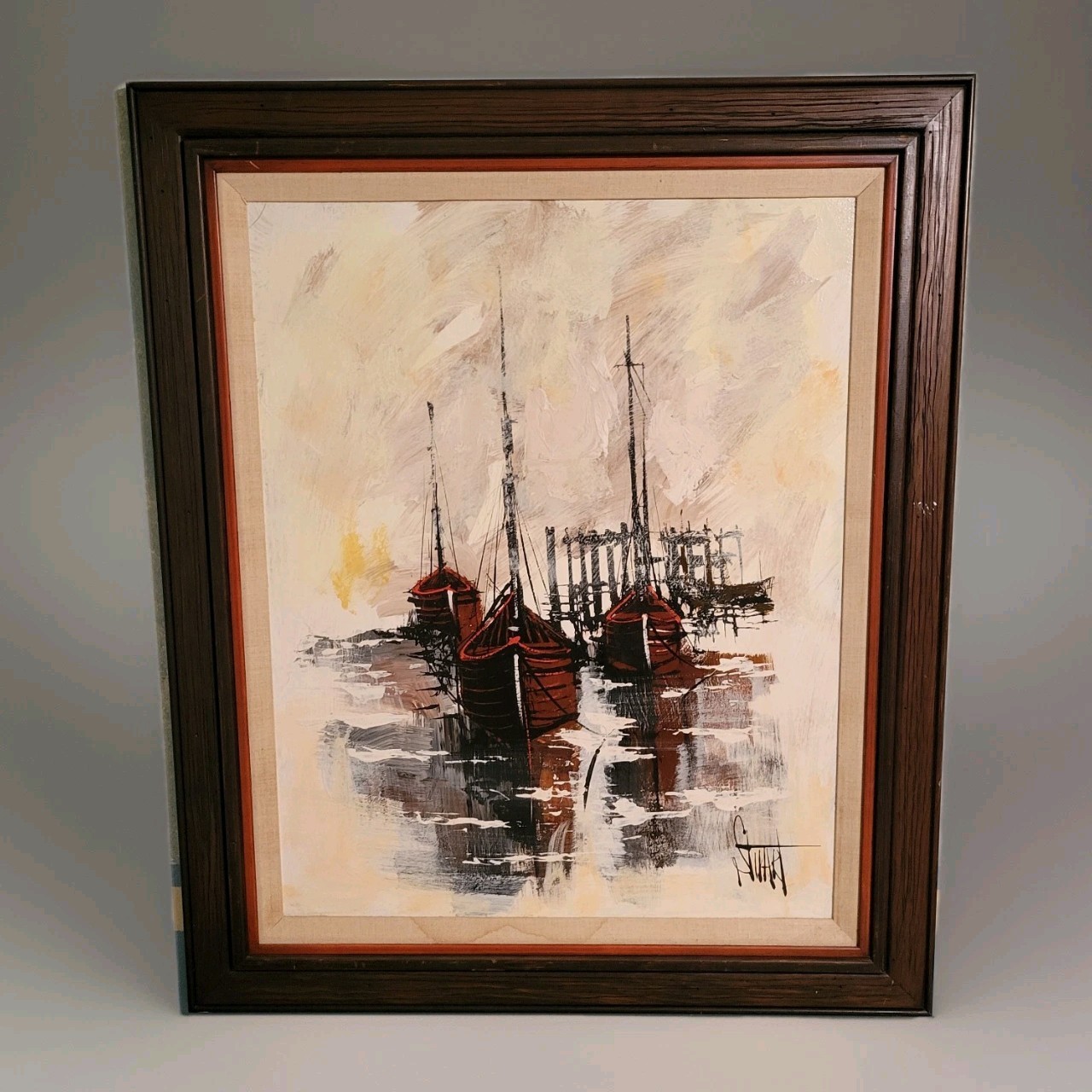 Vanguard Studios Nautical Ship Drip Oil Painting Signed Stuart Vintage MCM 1960s