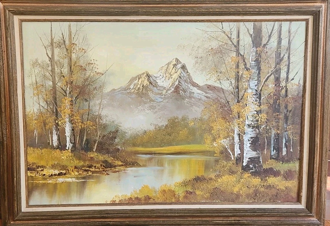 Lg. Oil Painting On Stretched Canvas 24×36 FALL MOUNTAIN SCENE Wooden Framed
