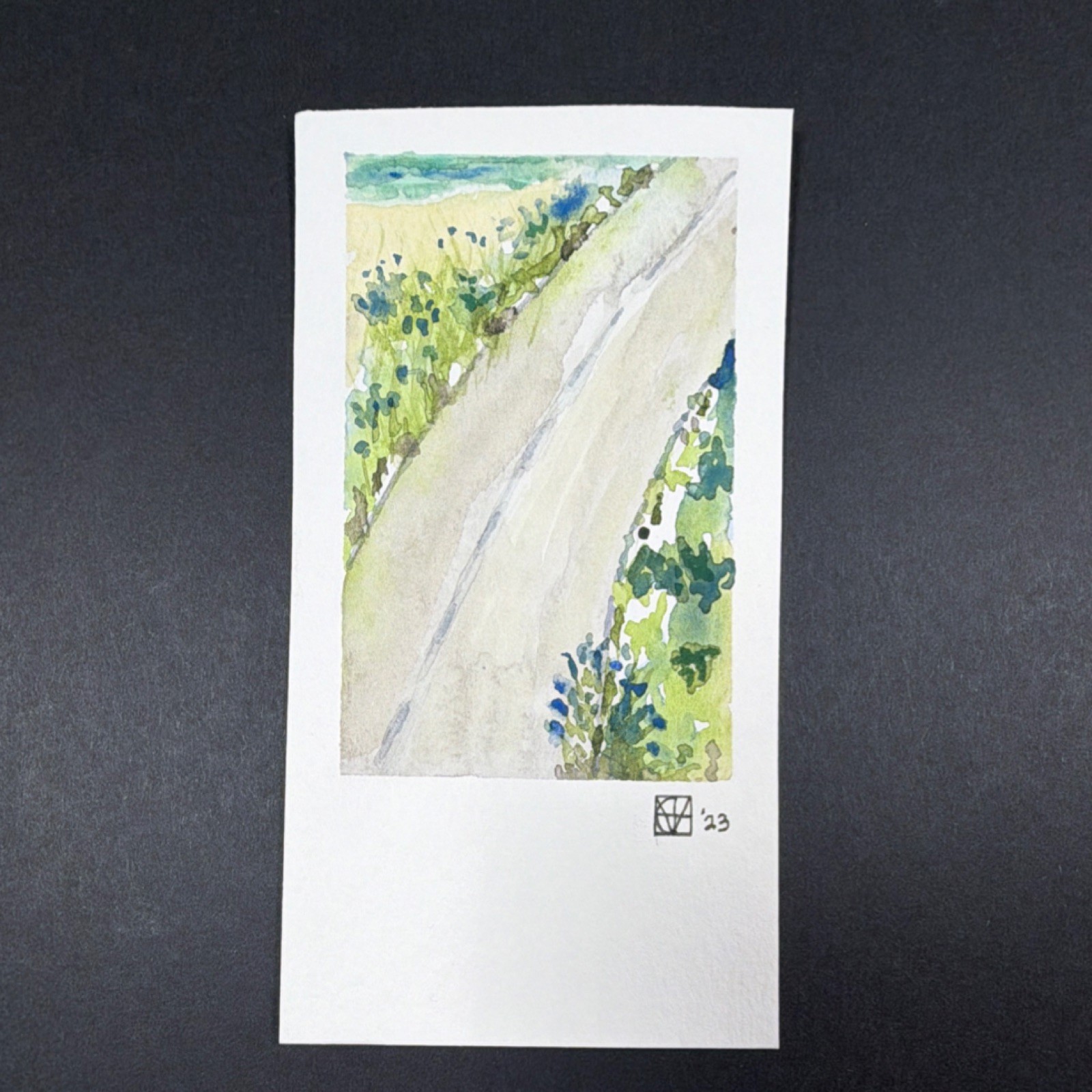 M. Hackney Original Watercolor Texas Road Miniature Signed OOAK 3.25×5.75″