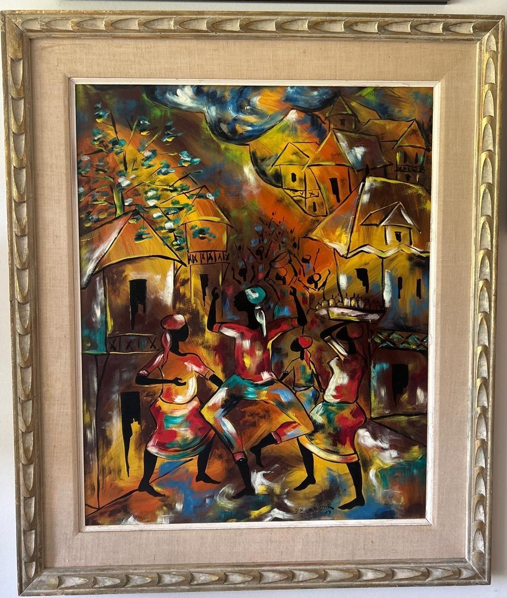 HAITIAN PAINTING on Masonite BY PAUL BEAUVOIR 30X24 signed dated & FRAMED