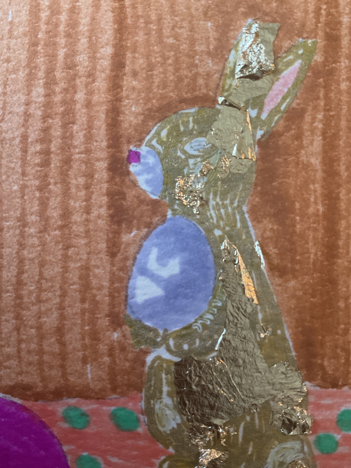 ACEO watercolor art by PJ, art card 2.5 x 3.5: Gold foil Easter bunny.
