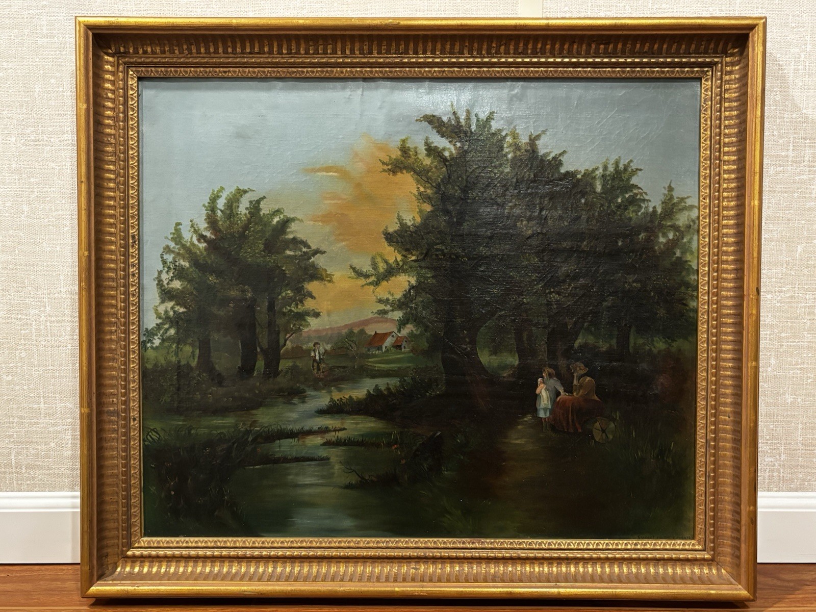 Antique 19th C Hudson River School Style Oil On Canvas “Sunset In The Catskills”