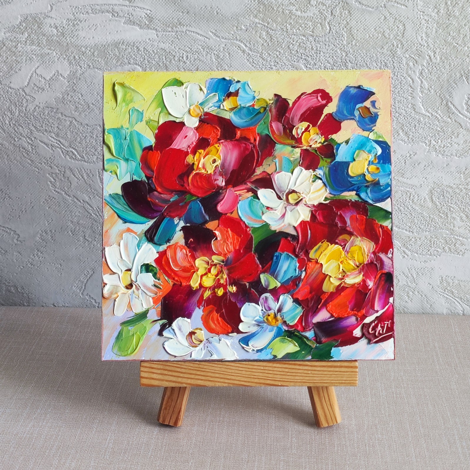 original oil painting Poppy Daisy wildflowers artwork Floral colorful art 6*6 in