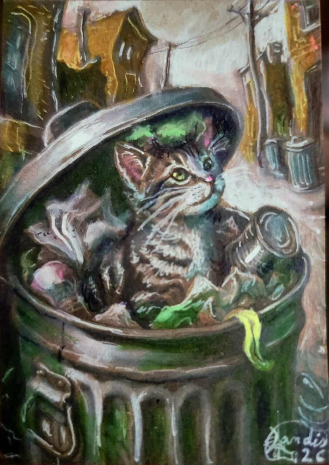 ACEO ORIGINAL PRINT #/ 25 Card Jacob Landis Kitty Tabby Whimsy Art “Trash Cat”