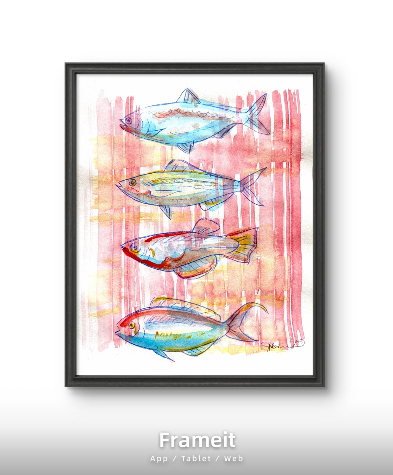 Four Fish Red Painting By Alannah Dyer- Acrylic 8.5×11 in Beautiful Fishing