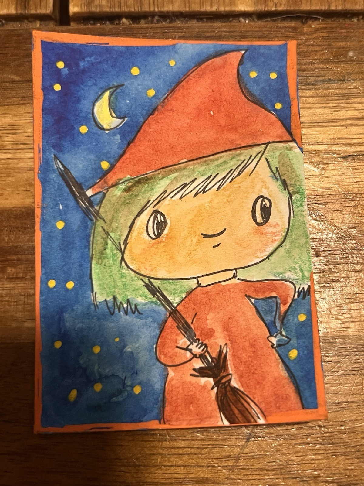 Aceo Original Watercolor Witch And Broom Halloween Painting Nutkins-nest