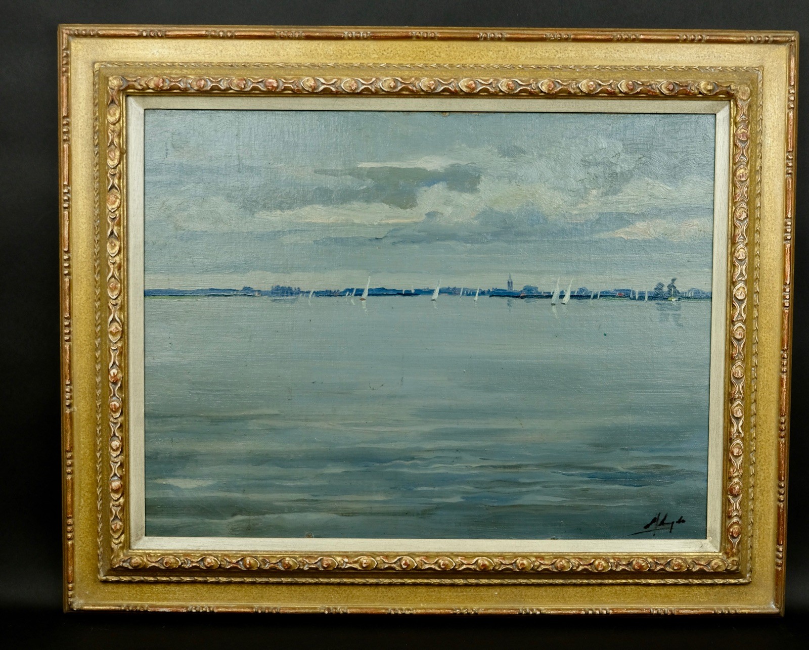 Seascape oil canvas sailing on a Dutch Lake sign Argelo 1904 -1984 impressionist