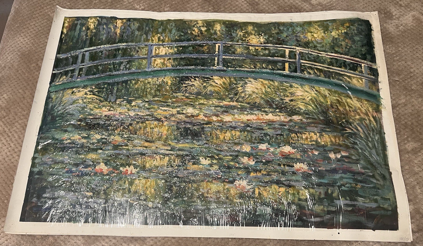 Claude Monet Water Lilies Japanese Bridge Hand Painted Oil Signed Repro 39 X 27