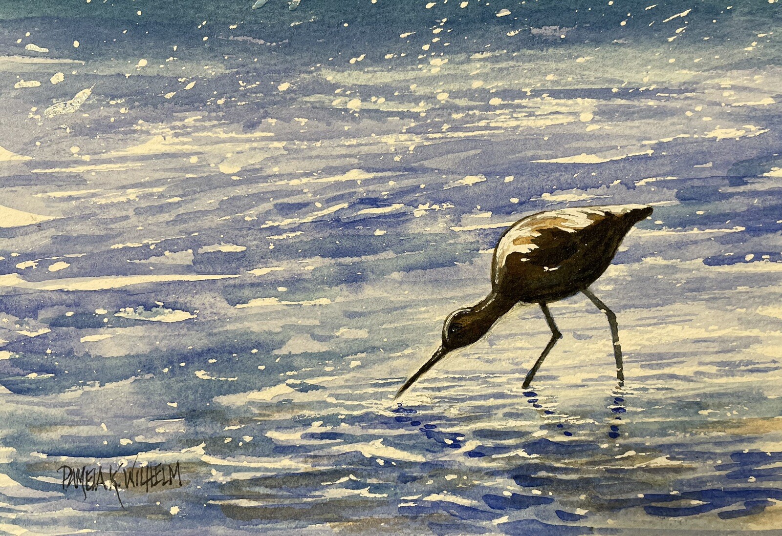 Pamela Wilhelm original 5”x7” Watercolor Shore Bird In Sparkly Shallow Waters