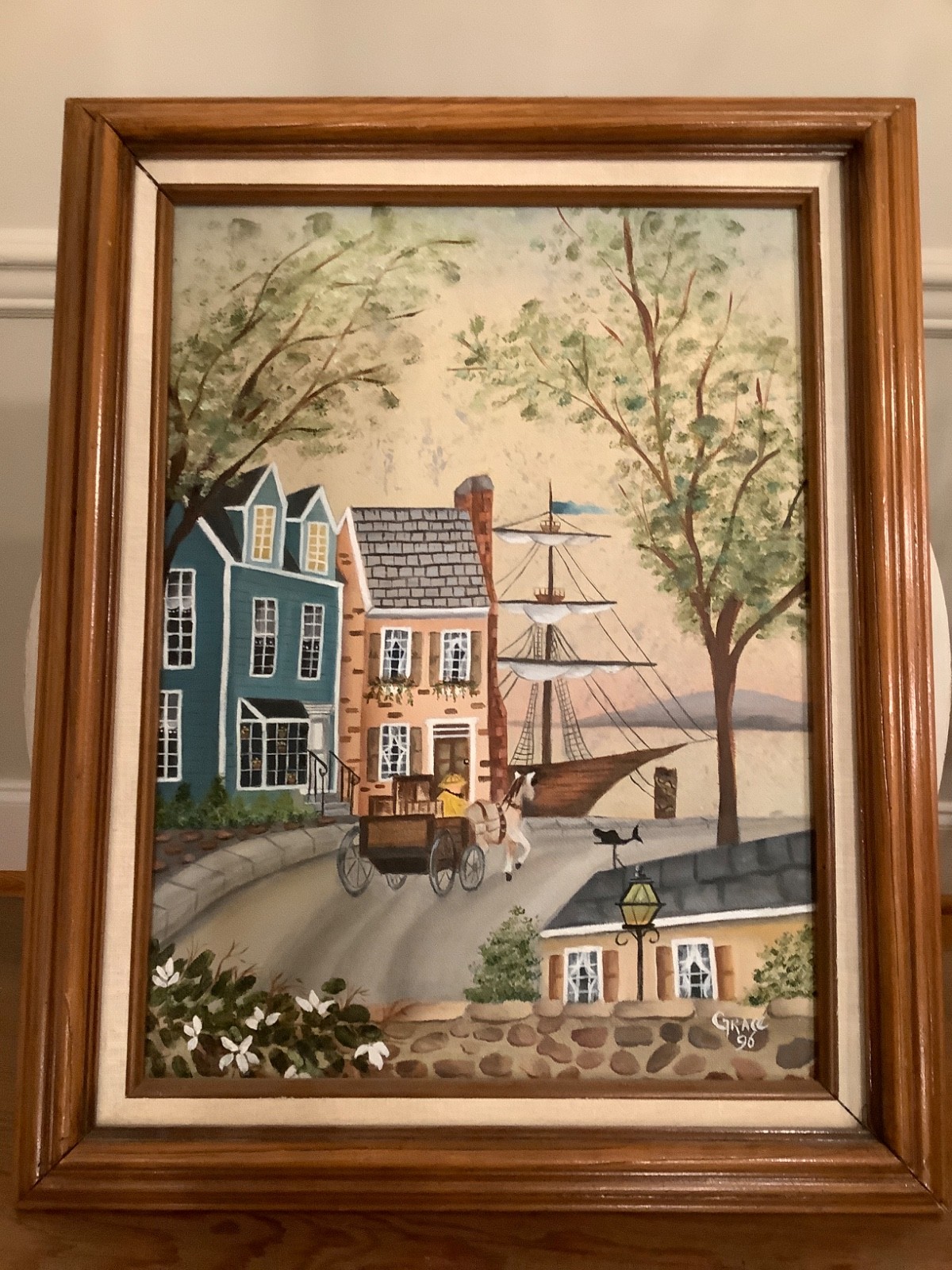Original Vintage Oil Painting “Harbor Town” Folk Art Signed ‘96