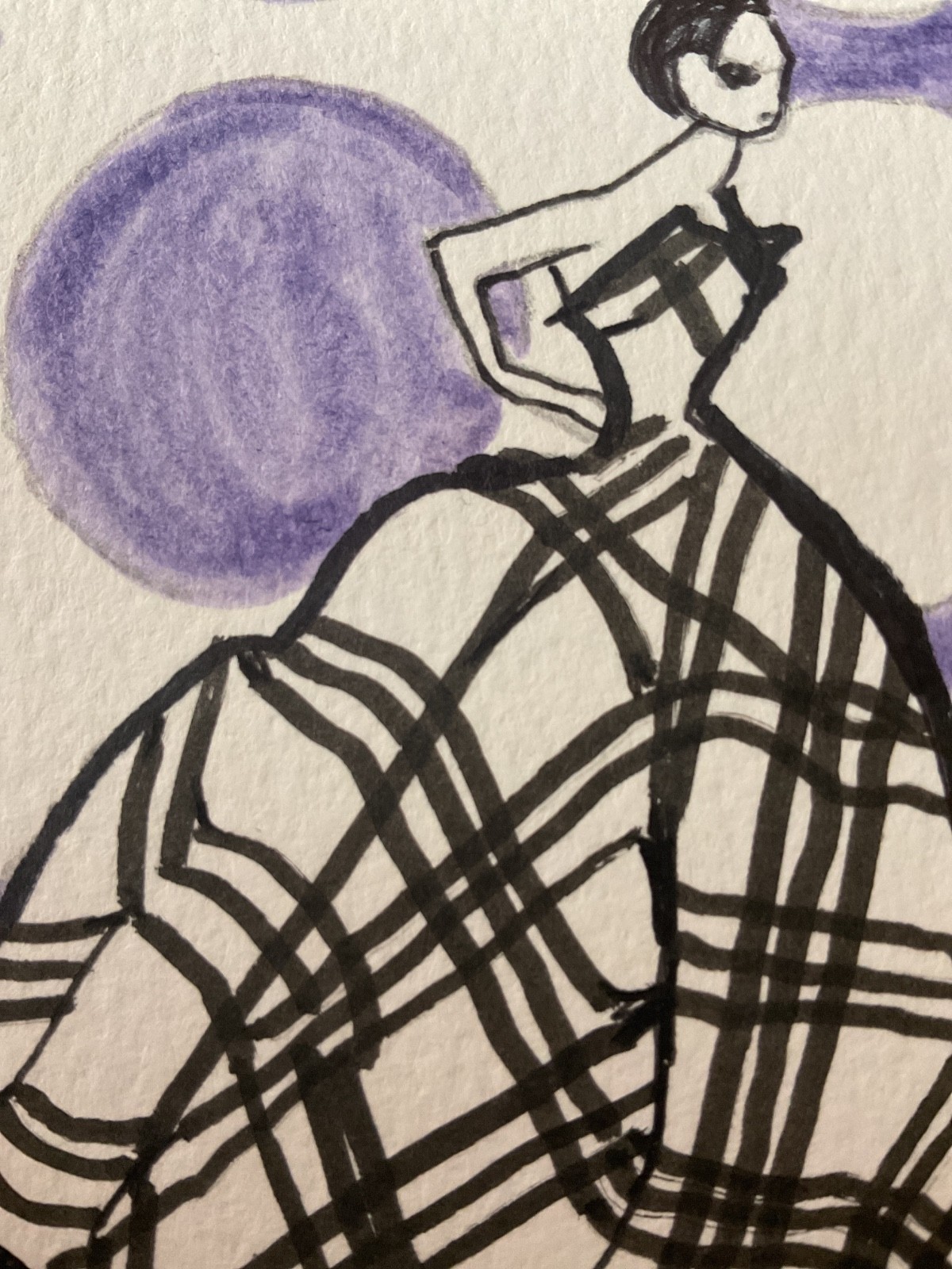 ACEO watercolor art by PJ, art card 2.5 x 3.5: lady in black and white.