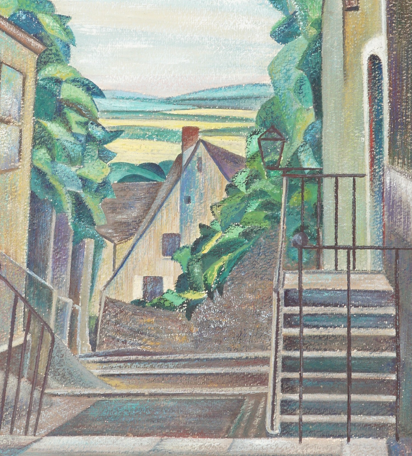 Mid Century Gouache Painting Vintage Landscape Pastels Drawing Style Small Town
