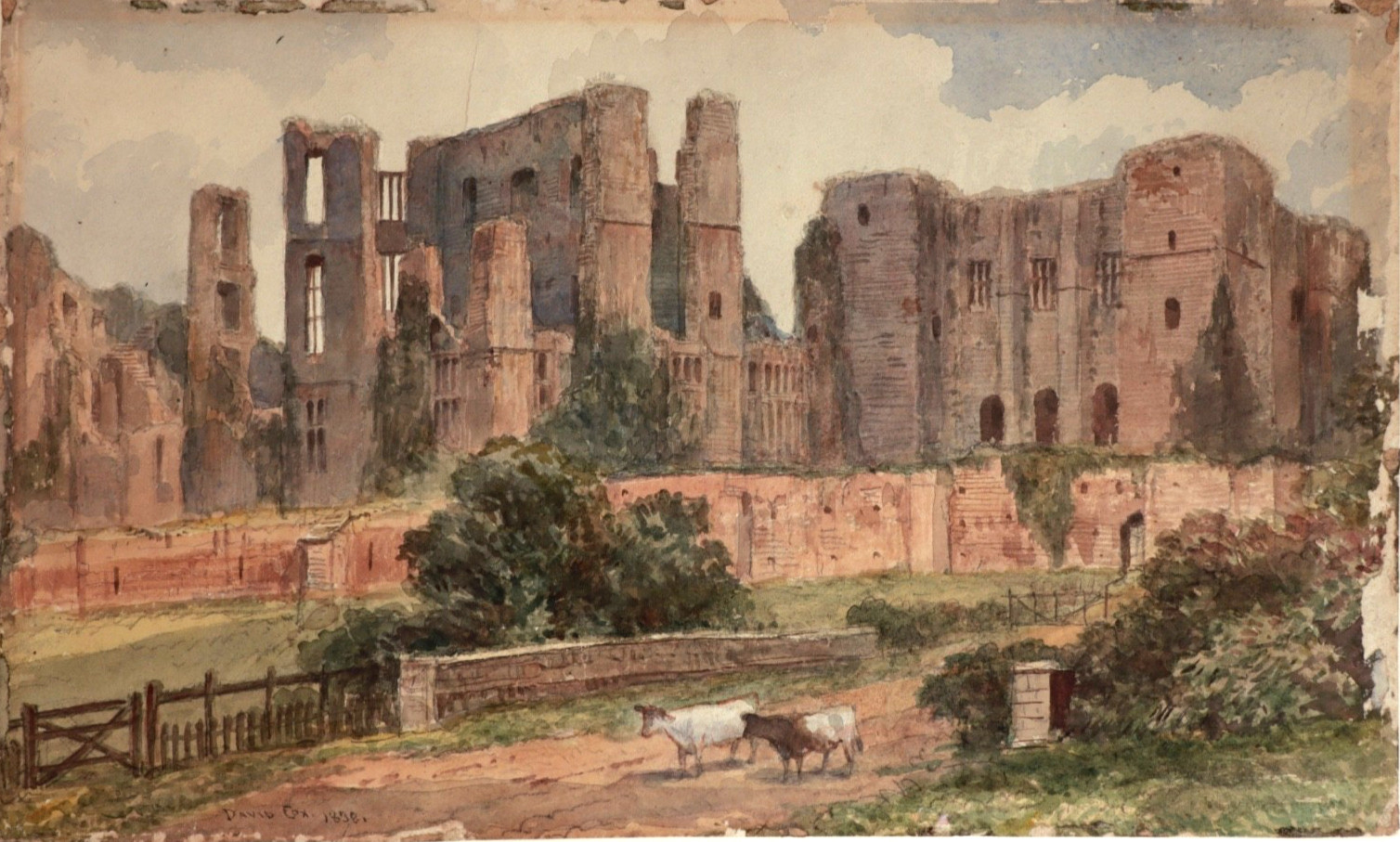 1838 English Watercolor David Cox Sr Kenilworth Castle Elizabethan Garden Cows