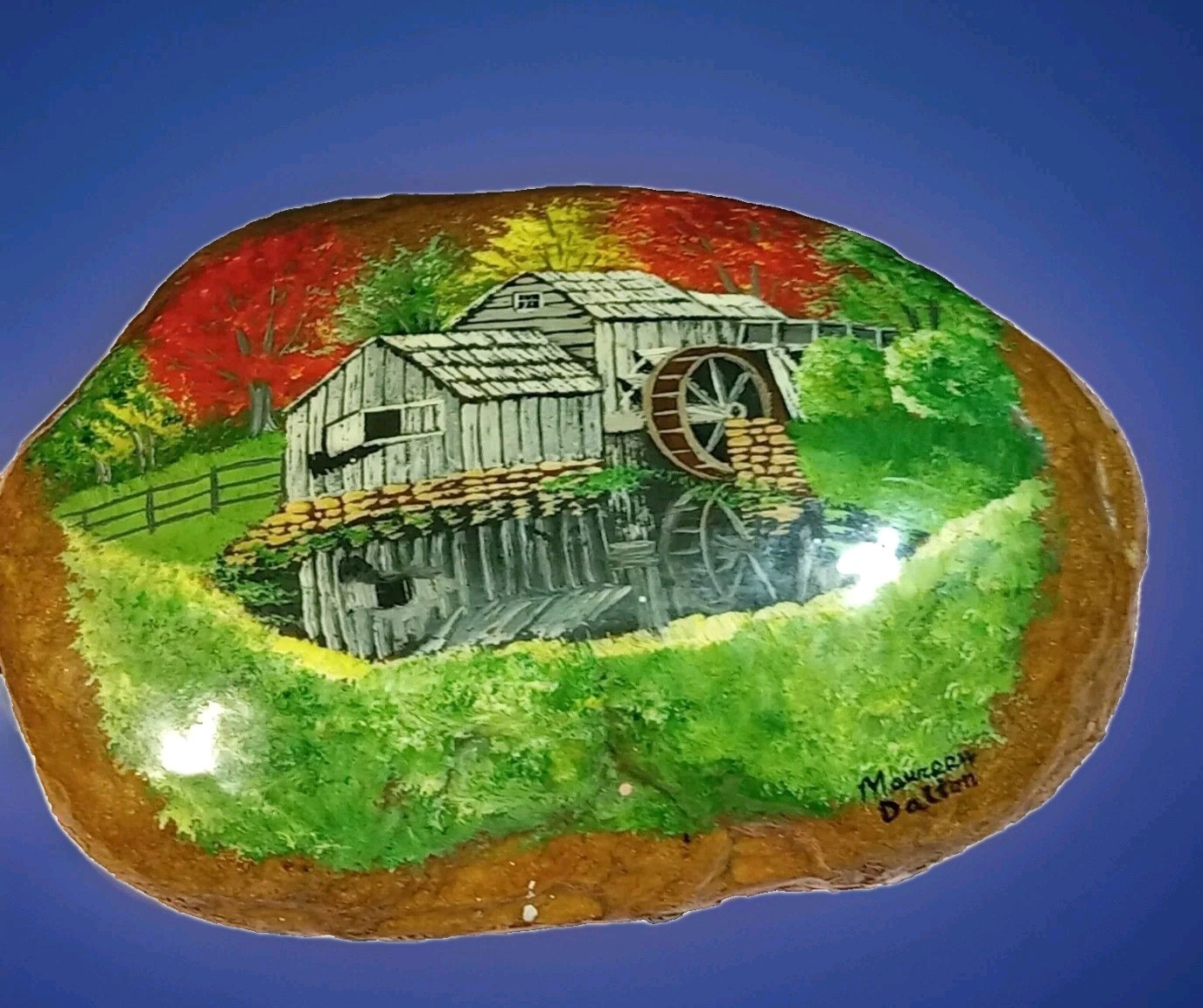 HAND PAINTED & SIGNED ROCK FALL SCENE & WATER MILL ARTIST SHELLACED