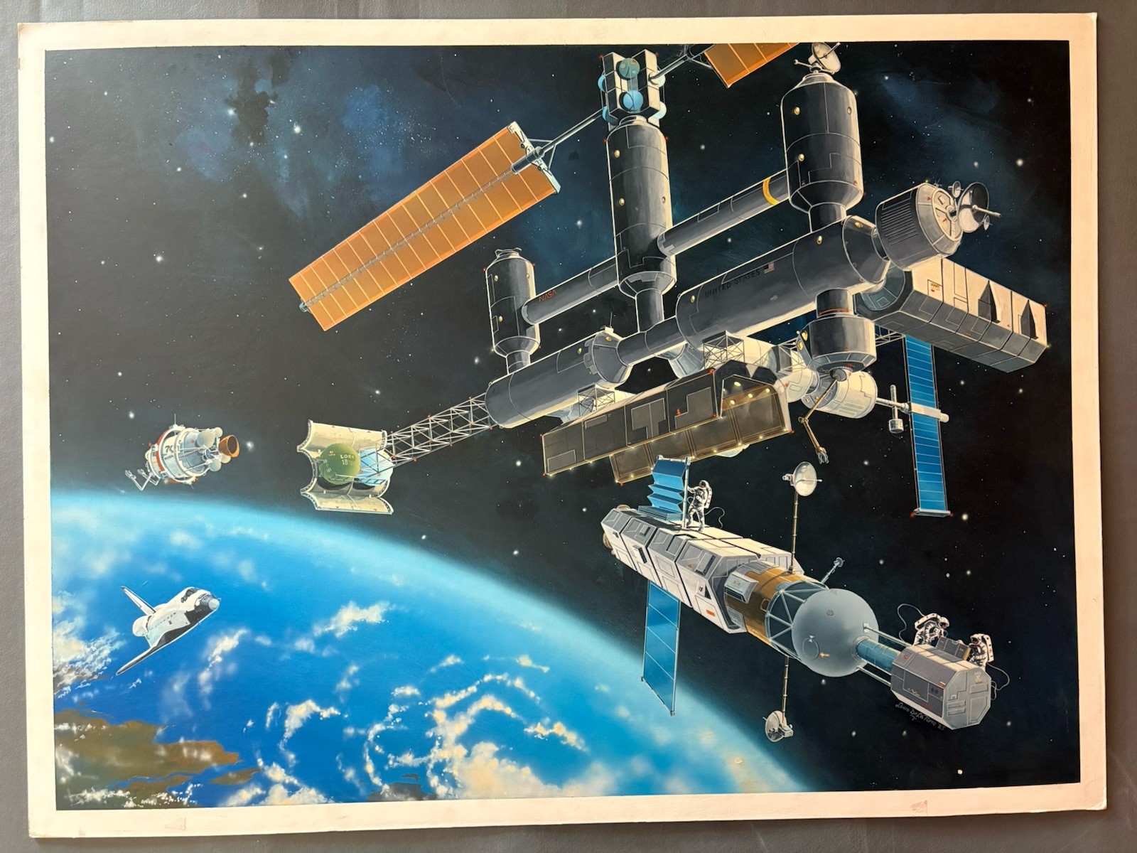 Large 30”x40” Space Station Painting Vintage Technology Aerospace Graphic Artist