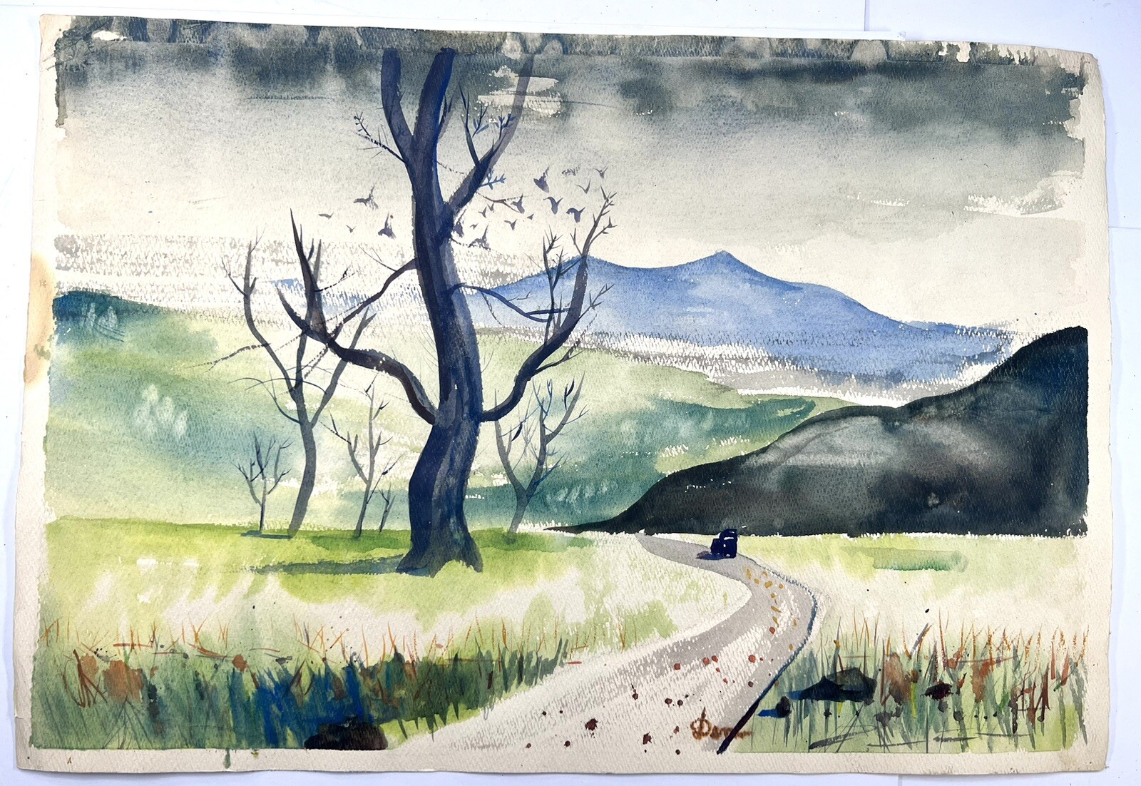 Vtg Watercolor Folk Art Painting Lone Rural Car Driving Down Dirt Road 15×22”