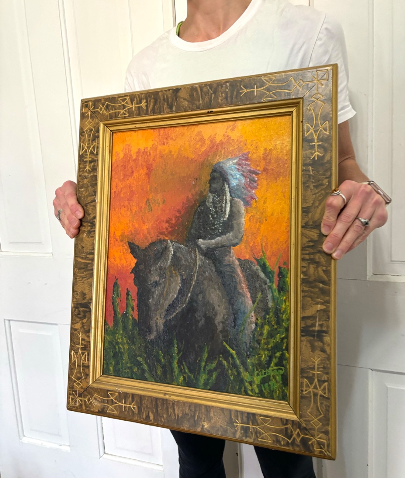 Vtg 1970s Modern Southwest American Indian Chief on Horse Oil Painting Signed