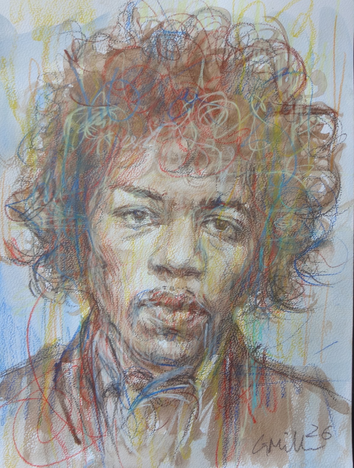 GERRY MILLER ARTWORK. “Jimi Hendrix”. Watercolour picture on paper. 24 x 32 cm.